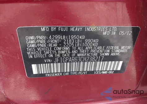 2012 Subaru Impreza 2.0I Sport Limited из США, поврежденный, VIN JF1GPAR63CH238217